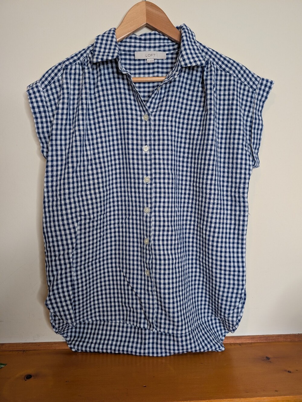 LOFT Navy White Gingham Cap Sleeve Popover Top S Button Front Cotton Blend